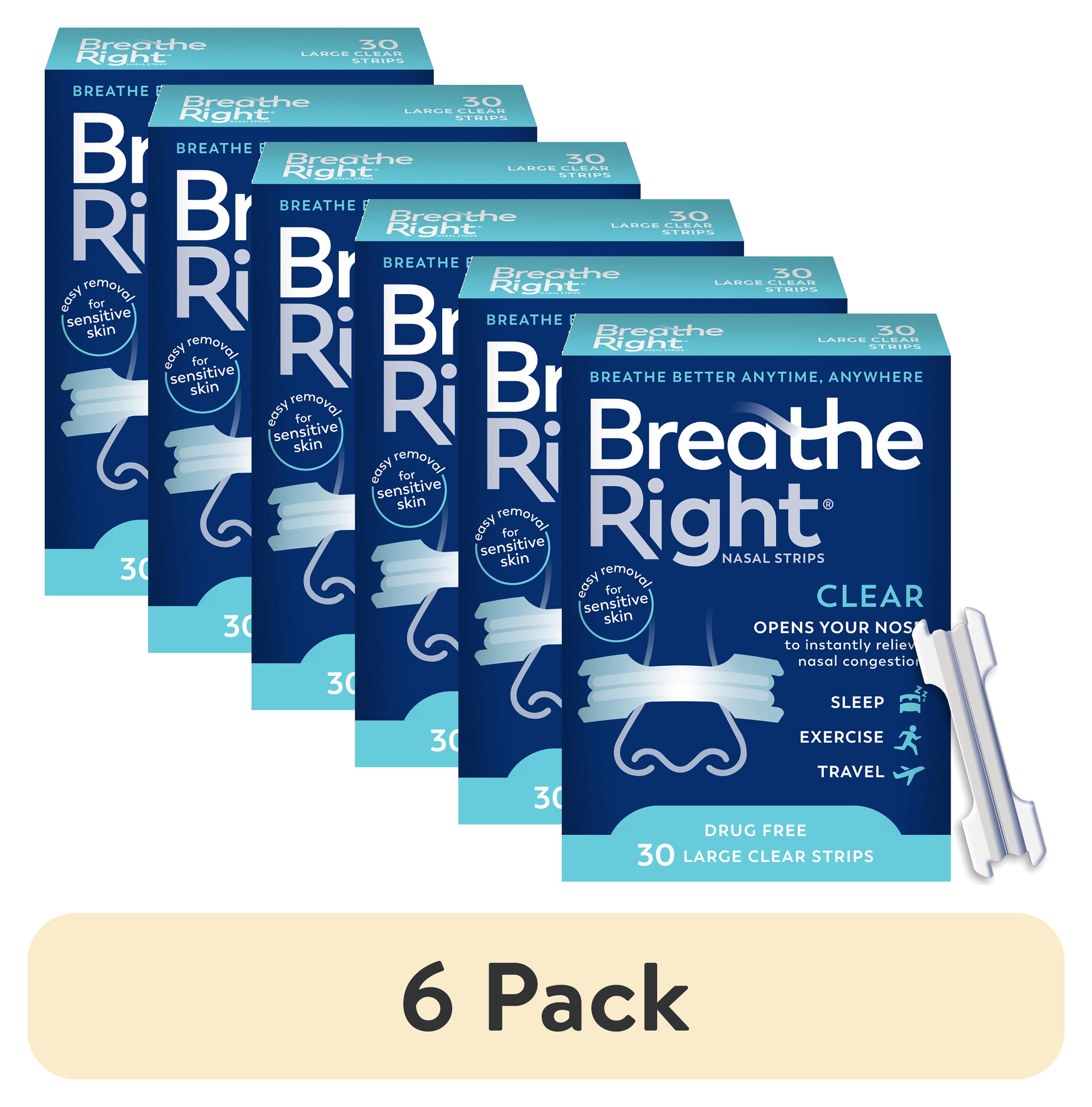 (6 pack) Breathe Right Nasal Strips, Clear for Sensitive Skin, Sleeping Disorder Relief, 30 Count