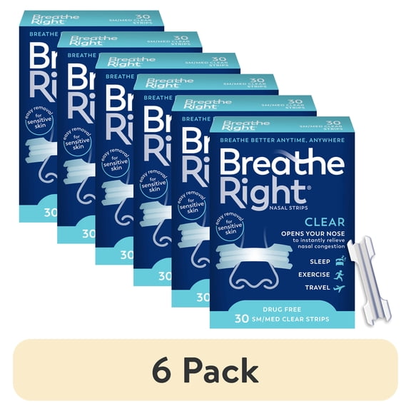 (6 pack) Breathe Right Original Nasal Strips, Clear, Small/ Medium, For Sensitive Skin, 30 Count