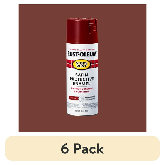 (6 pack) Brick Red, Rust-Oleum Stops Rust Protective Enamel Satin Spray Paint-371671, 12 oz