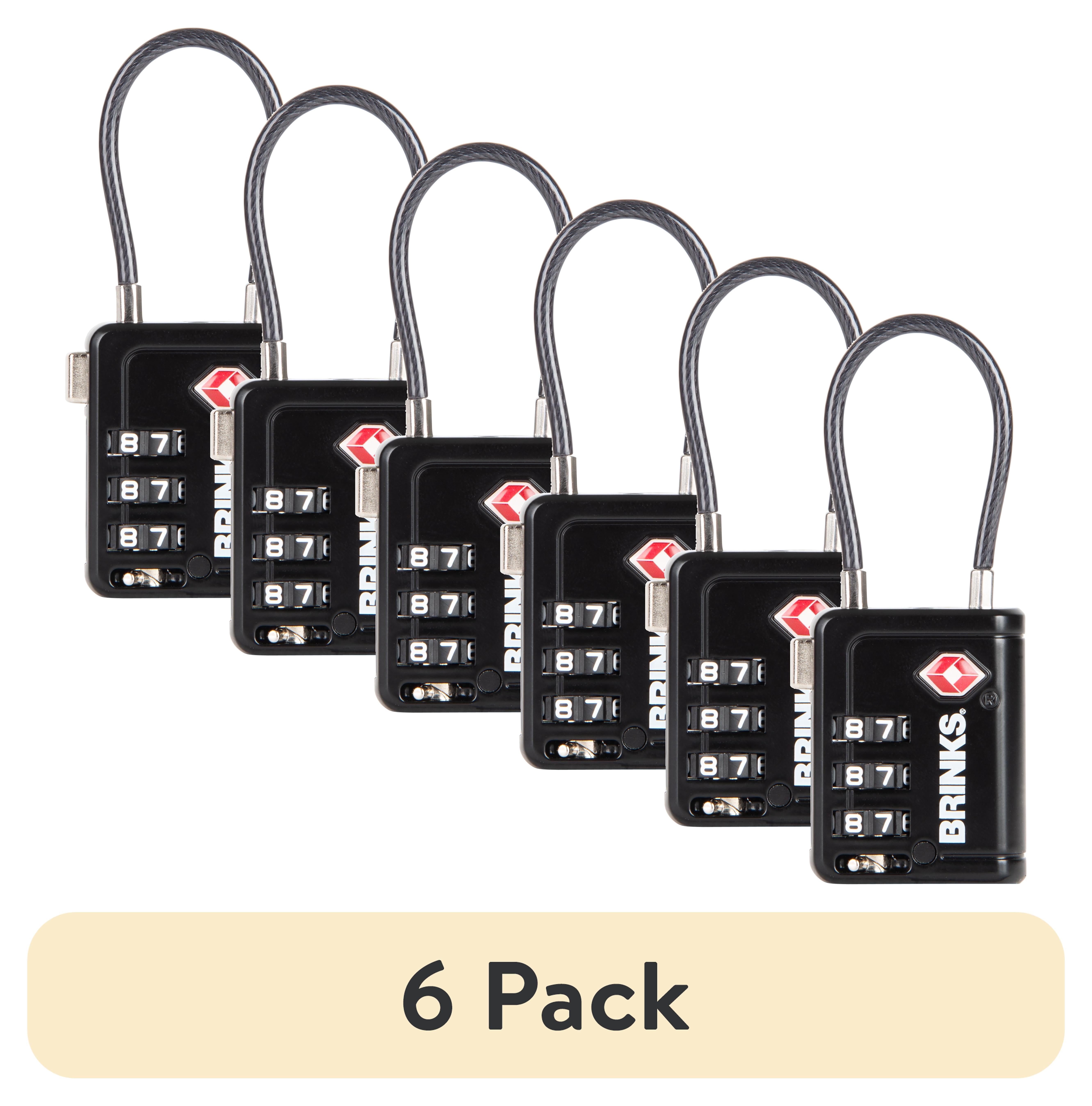 (6 pack) Brinks 34mm TSA Indicator Combination Padlock with Steel Cable Shackle, Black