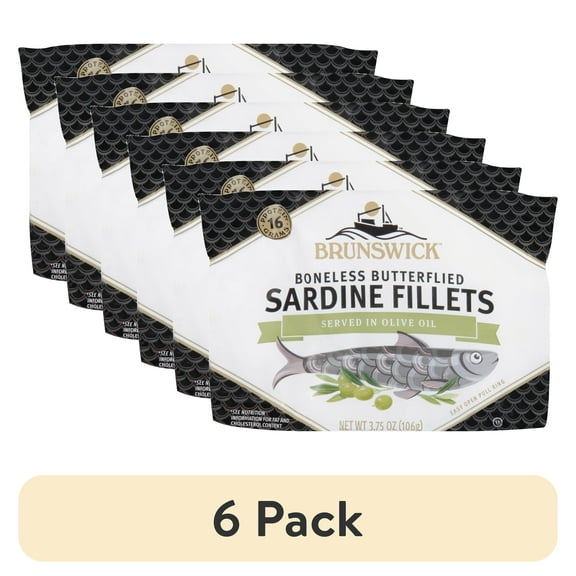(6 pack) Brunswick Sardines in Olive Oil, Boneless and Butterflied Herring Fillets, Wild Caught, Gluten Free, 16g Protein per Serving, Shelf Stable Can, 3.75 oz