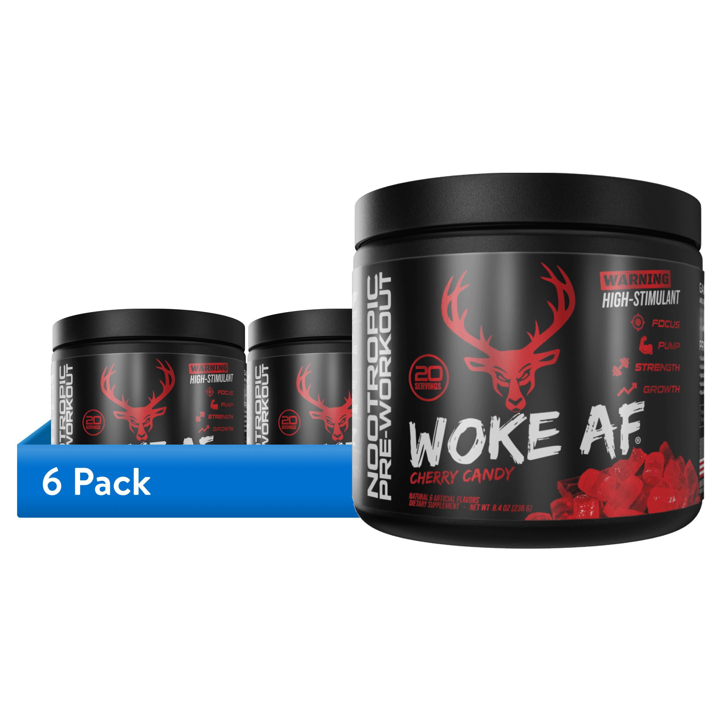 (6 pack) Bucked Up Woke AF Pre-Workout Powder, Increased Energy, Cherry Candy, 333 mg Caffeine, 20 Servings