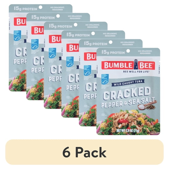 (6 pack) Bumble Bee Cracked Pepper & Sea Salt Seasoned Light Tuna, Wild Caught, Gluten Free, 15g Protein per Serving, Shelf Stable Pouch, 2.5 oz