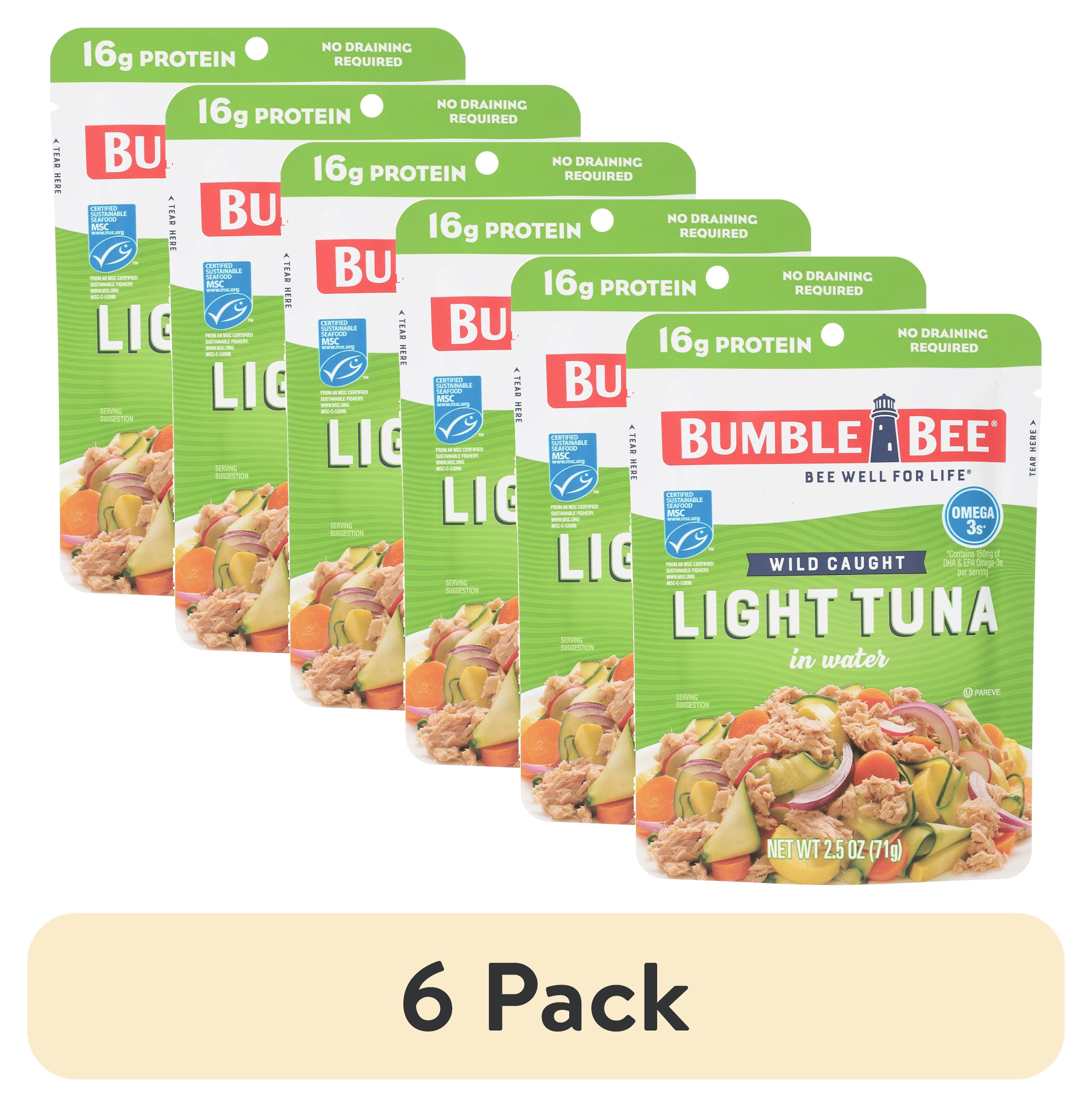 (6 pack) Bumble Bee Light Tuna in Water, Wild Caught, Gluten Free, 16g Protein per Serving, Ready to Eat, Shelf Stable Pouch, 2.5 oz