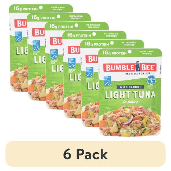 (6 pack) Bumble Bee Light Tuna in Water, Wild Caught, Gluten Free, 16g Protein per Serving, Ready to Eat, Shelf Stable Pouch, 2.5 oz
