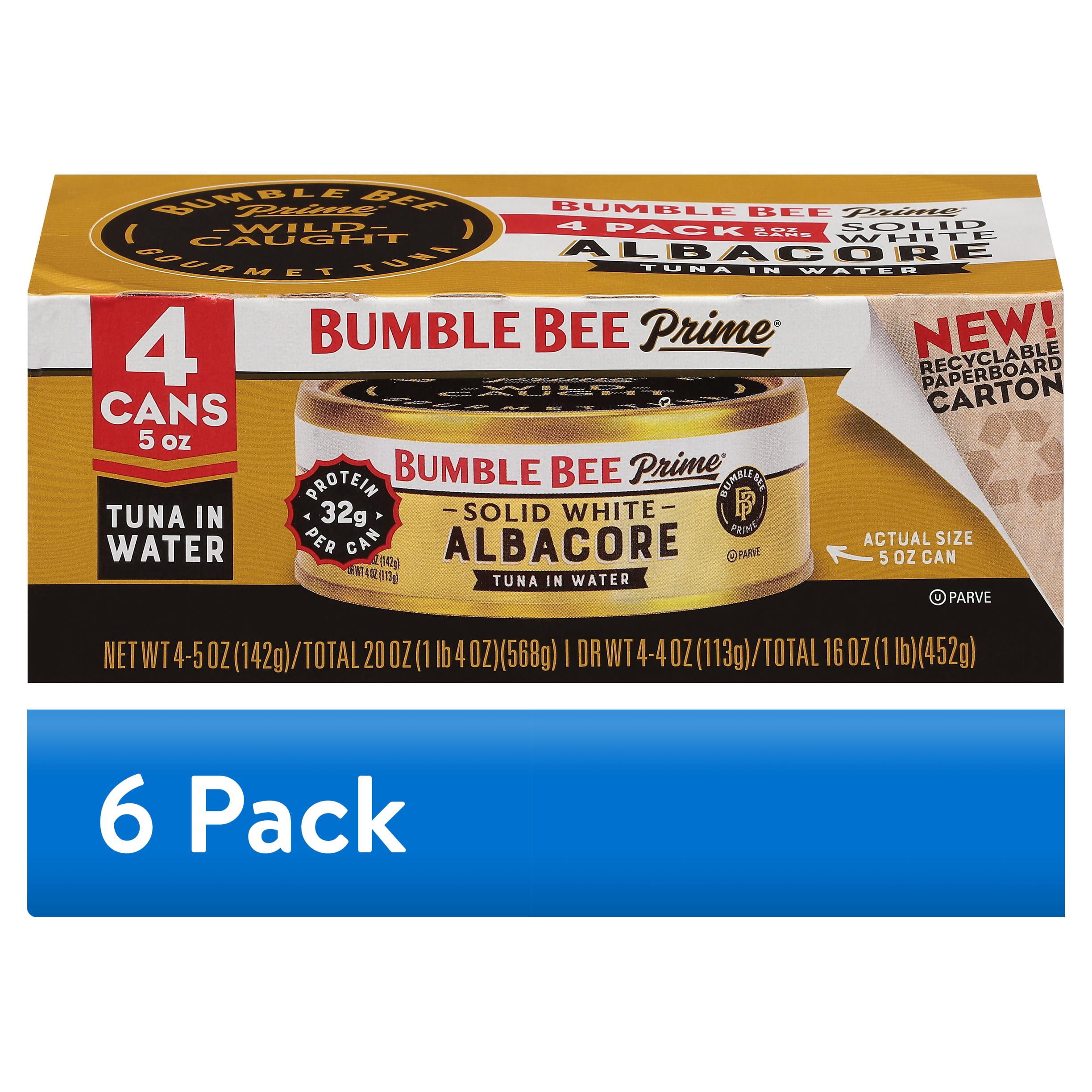 (6 pack) Bumble Bee Prime Solid White Albacore Tuna in Water, Wild Caught, Gluten Free, 32g Protein Per Serving, Shelf Stable Can, 5 oz (Pack of 4)