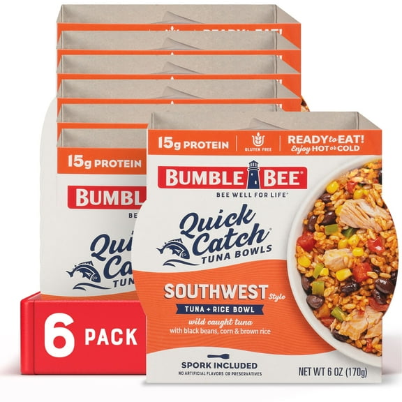(6 pack) Bumble Bee Quick Catch Southwest Style Tuna and Rice Bowl, Wild Caught, Gluten Free, Ready to Eat, 15g Protein per Serving, Shelf Stable Bowl, 6 oz