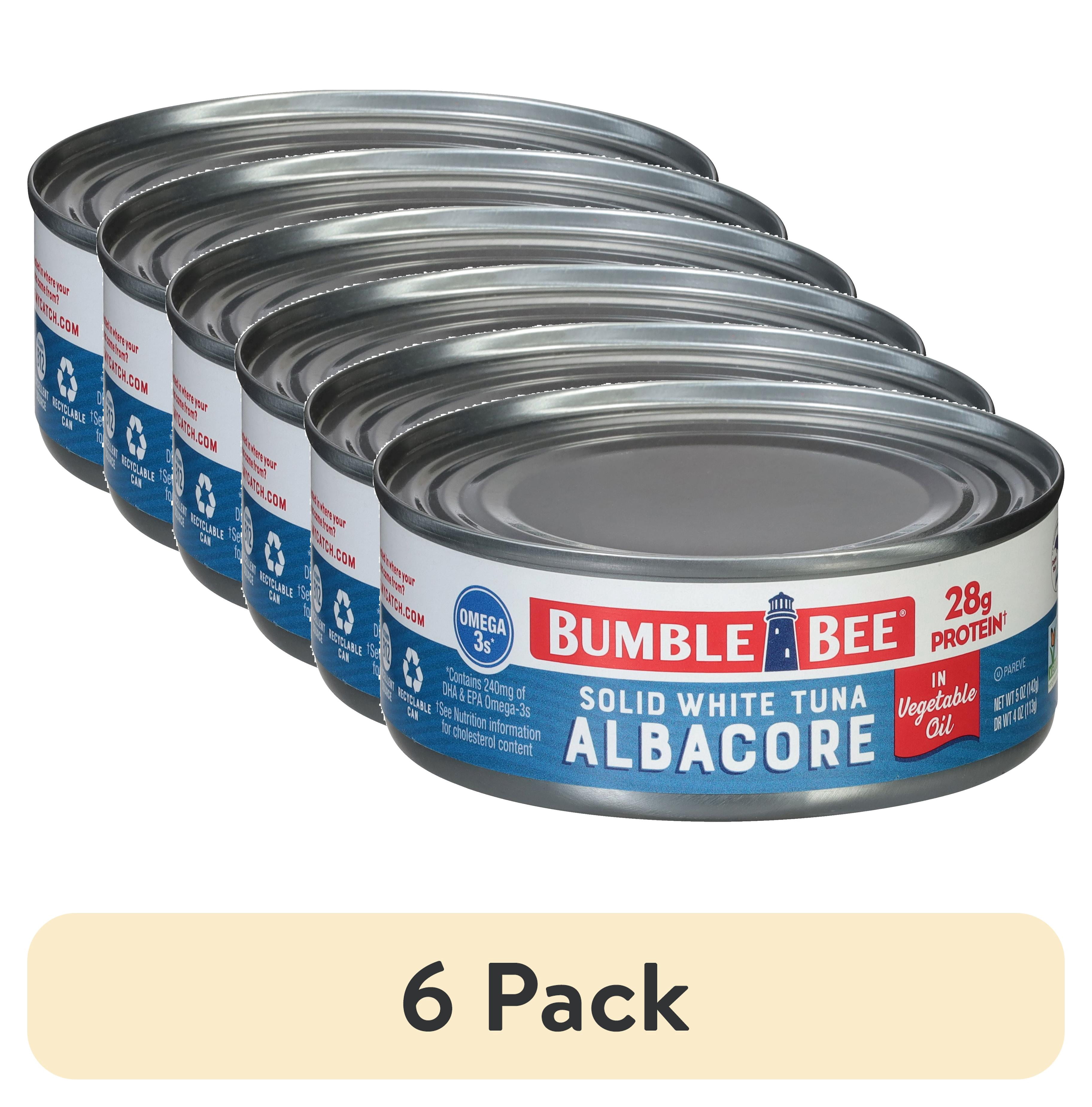 (6 pack) Bumble Bee Solid White Albacore Tuna in Oil, Wild Caught, Gluten Free, 28g Protein per Serving, Ready to Eat, Shelf Stable Can, 5 oz