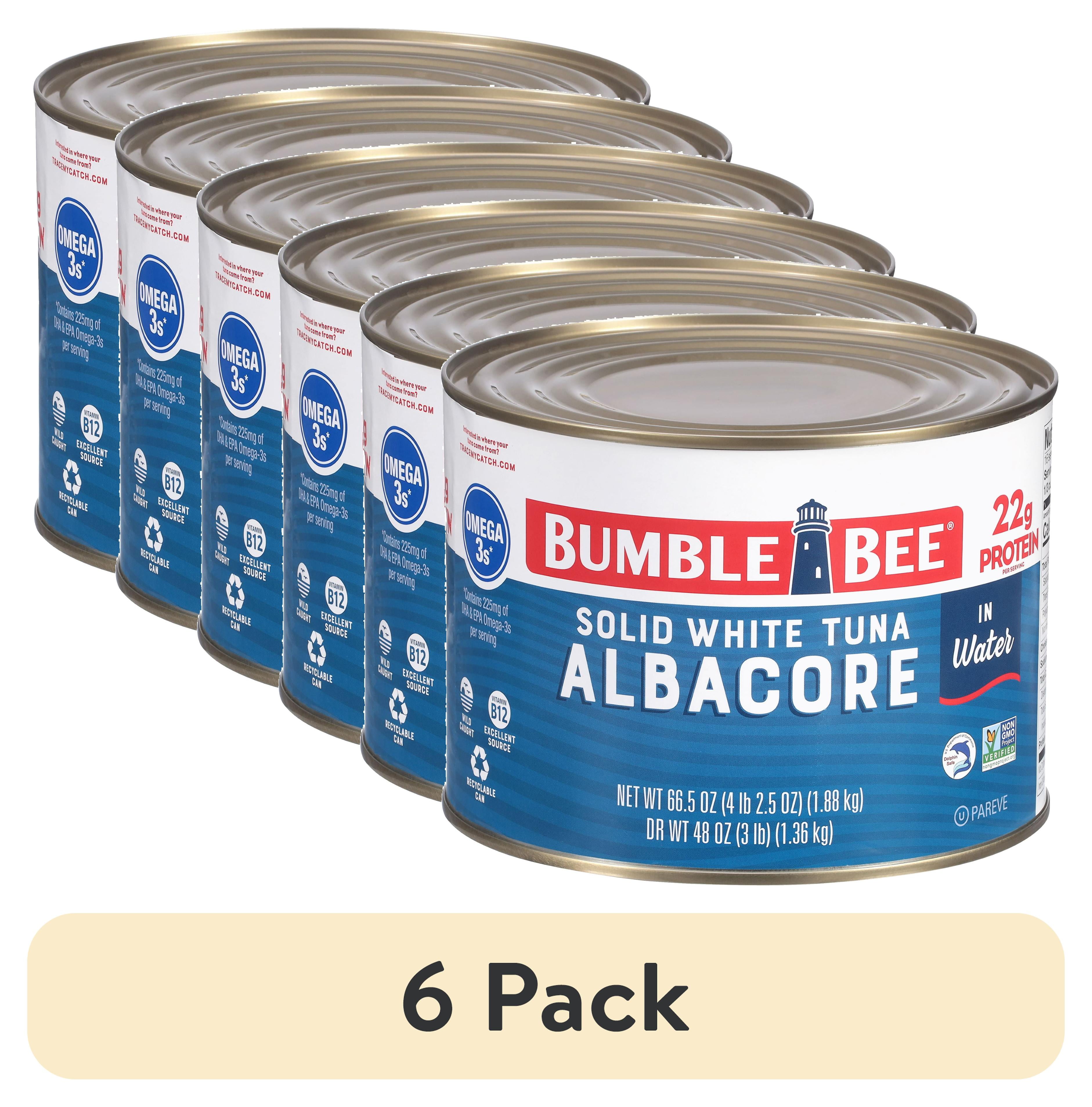 (6 pack) Bumble Bee Solid White Albacore Tuna in Water, Wild Caught, Gluten Free, 22g Protein per Serving, Shelf Stable Can, 66.5 oz