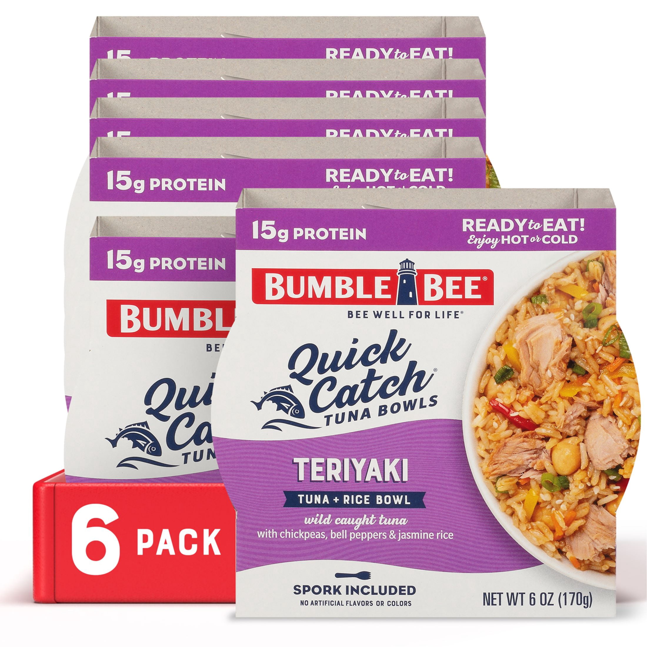 (6 pack) Bumble Bee Quick Catch Teriyaki Flavored Tuna and Rice Bowl, Wild Caught Light Tuna, 15g Protein Per Serving, Ready to Eat, Shelf Stable Bowl, 6 oz