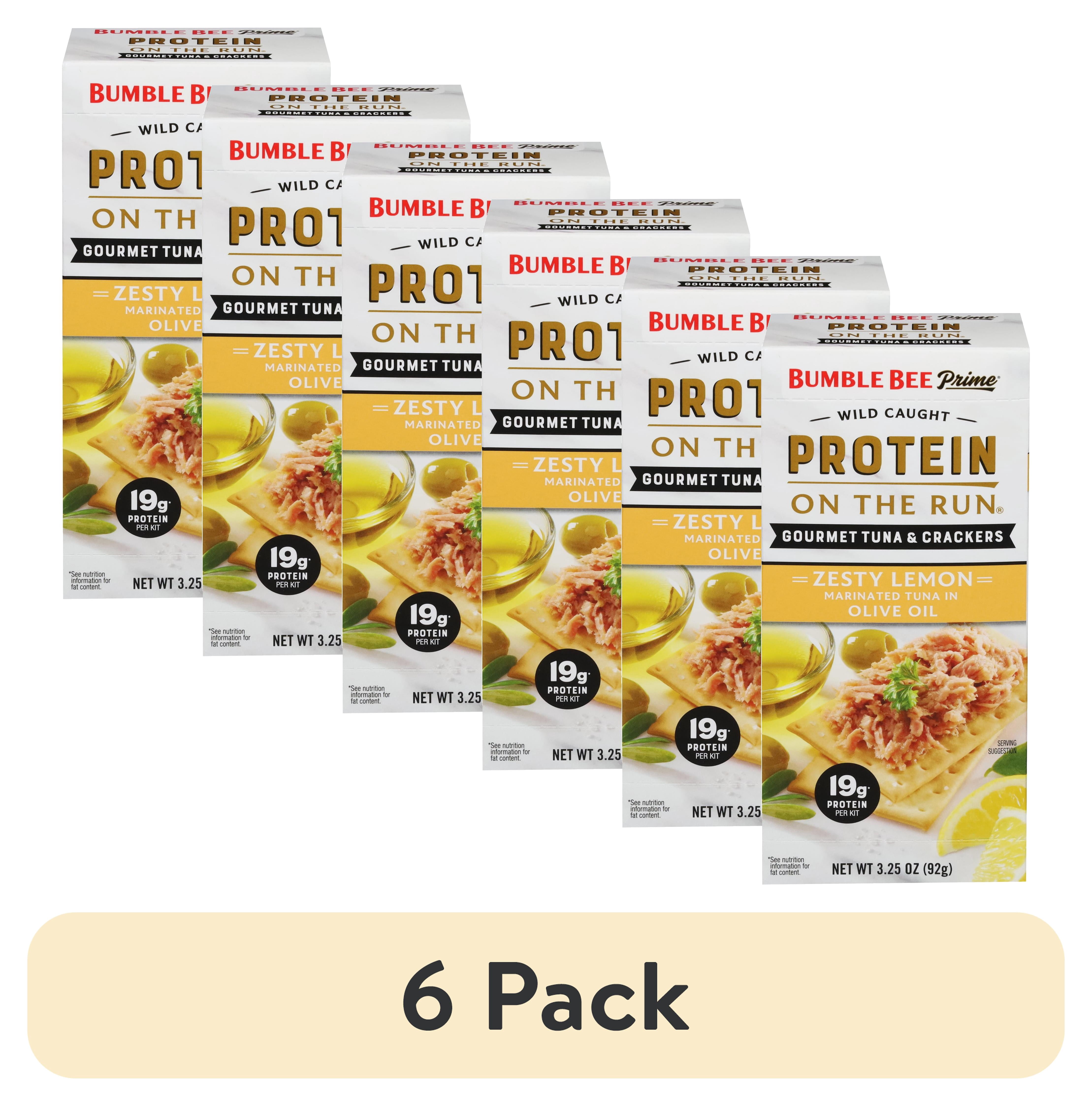 (6 pack) Bumble Bee Prime Protein on The Run Tuna Marinated in Olive Oil and Lemon, Wild Caught, Ready to Eat, 19g Protein per Serving, Shelf Stable Box, 3.5 oz