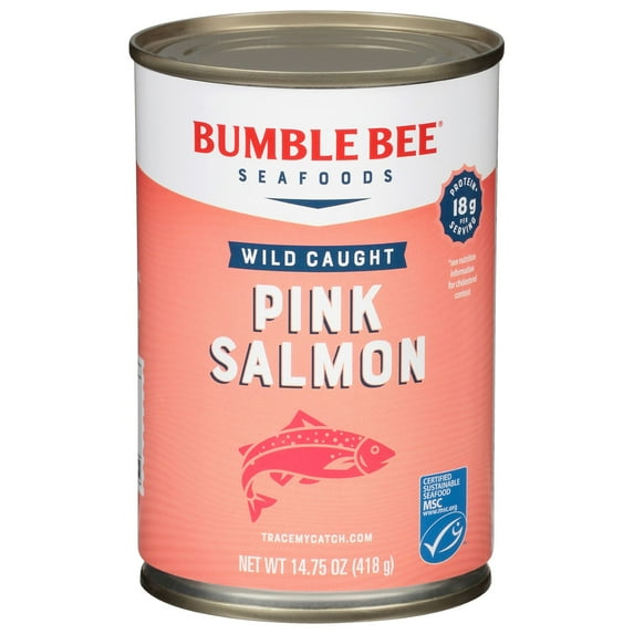 (6 pack) Bumble Bee Pink Salmon, Wild Caught, Gluten Free, 18g Protein per Serving, Ready to Eat, Shelf Stable Can, 14.75oz