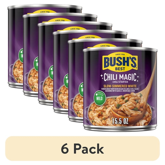 (6 pack) Bush's Chili Magic Beans, Slow Simmered White Beans in Mild Chili Sauce, 15.5 oz Can