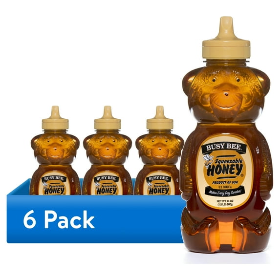 (6 pack) Busy Bee, Kosher, Squeezable Honey, 24 oz Plastic Bear Bottle, No Allergens