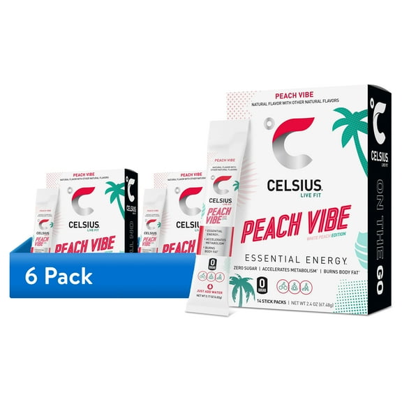 (6 pack) CELSIUS On The Go Energy Drink Mix, Peach Vibe (14 Stick Pack)