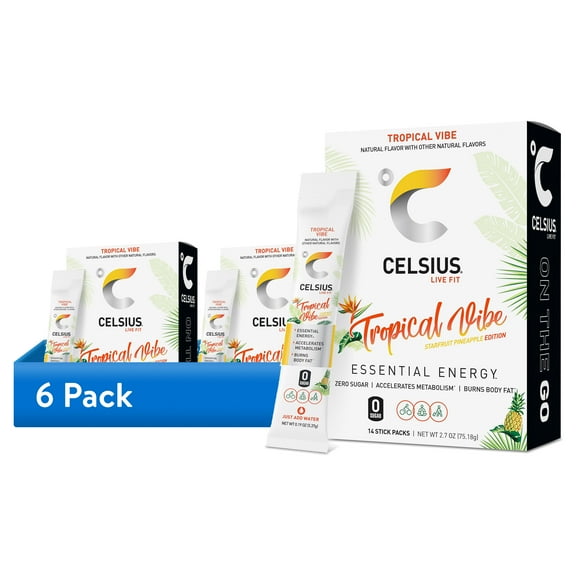 (6 pack) CELSIUS On The Go Energy Drink Mix, Tropical Vibe (14 Stick Pack)