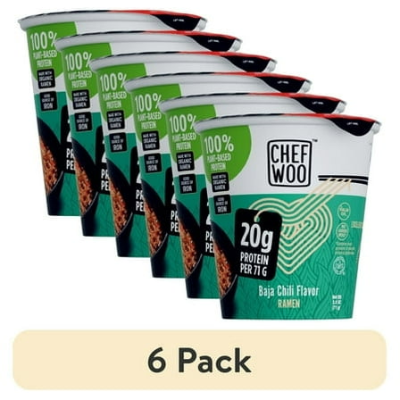 (6 pack) CHEF WOO Baja Chili Ramen, High Protein Noodles, 20g of Animal-free, Bioavailable Protein, 2.5 oz Cup