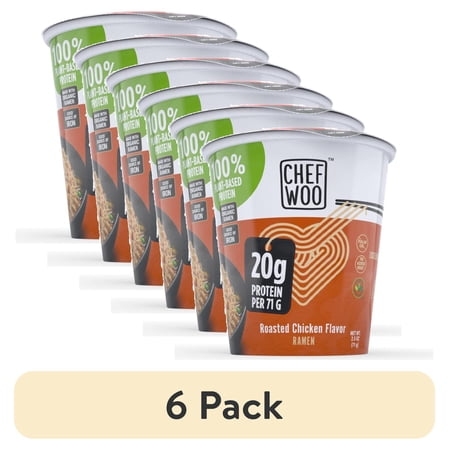 (6 pack) CHEF WOO Roasted Chicken Ramen Cup High Protein Noodles (2.5 oz), 20g of Animal-free, Bioavailable Protein, .