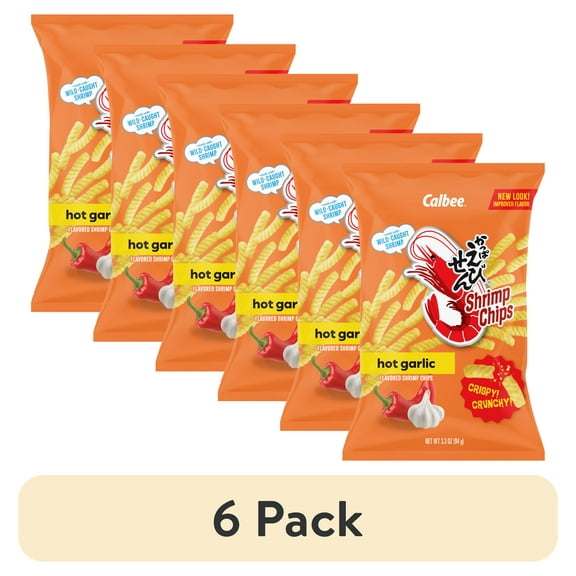(6 pack) Calbee Shrimp Chips Baked Hot Garlic Flavored Shrimp Chips 3.3oz Bag