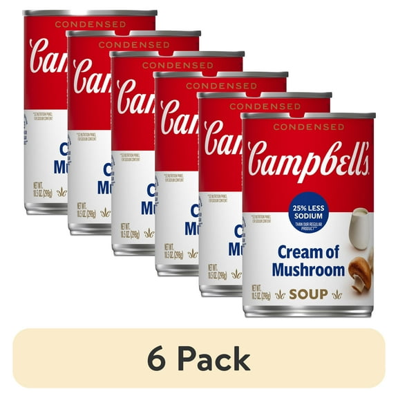(6 pack) Campbell's Condensed 25% Less Sodium Cream of Mushroom Soup, 10.5 oz Can