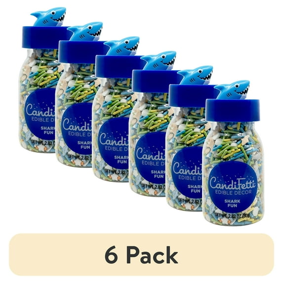 (6 pack) CandiFetti Edible Decor Shark Blue Dessert Sprinkles with Figural Lid, 2.82 oz