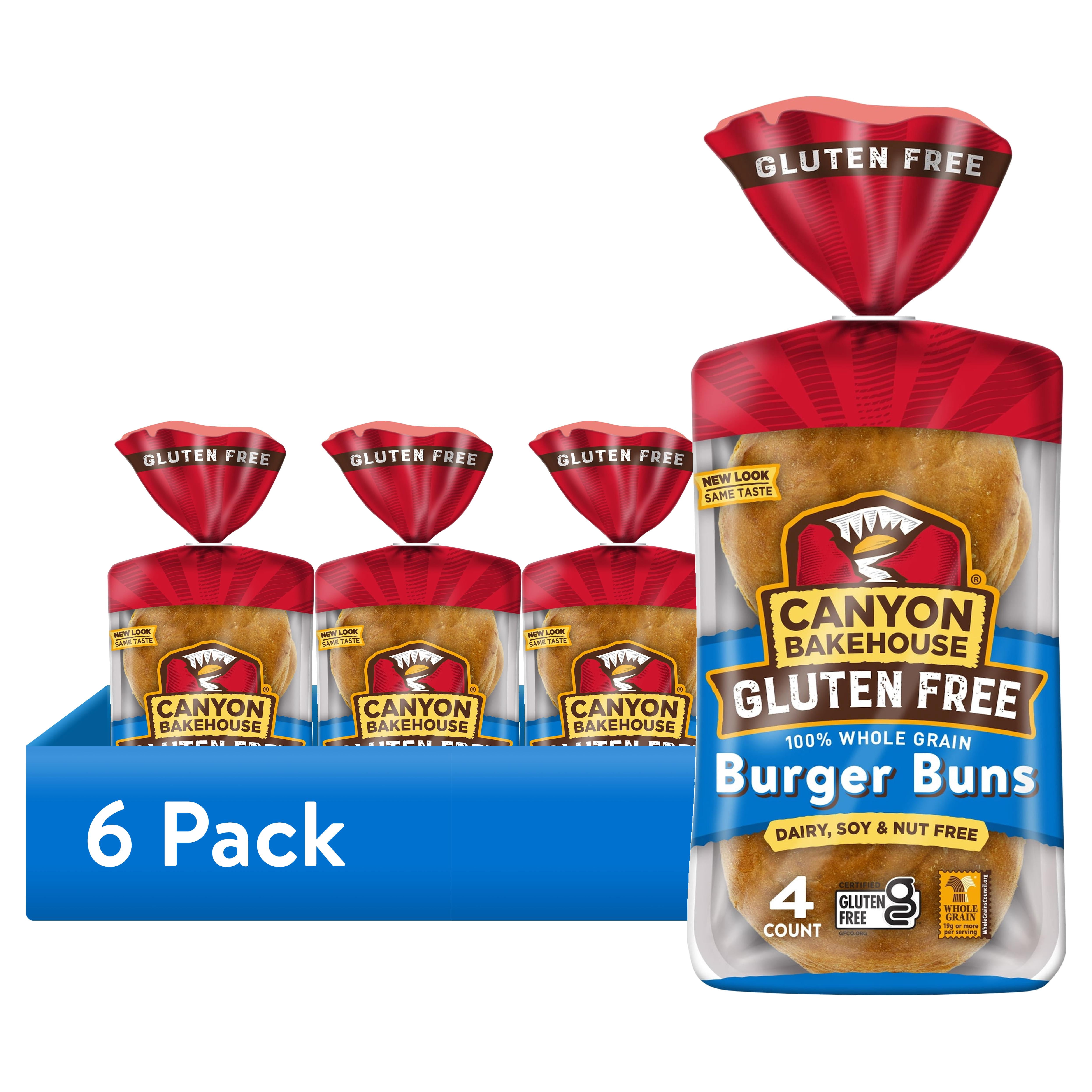 (6 pack) Canyon Bakehouse Burger Buns, Gluten Free Hamburger Buns, 100% Whole Grain, Fresh, 4 Count, 12 oz