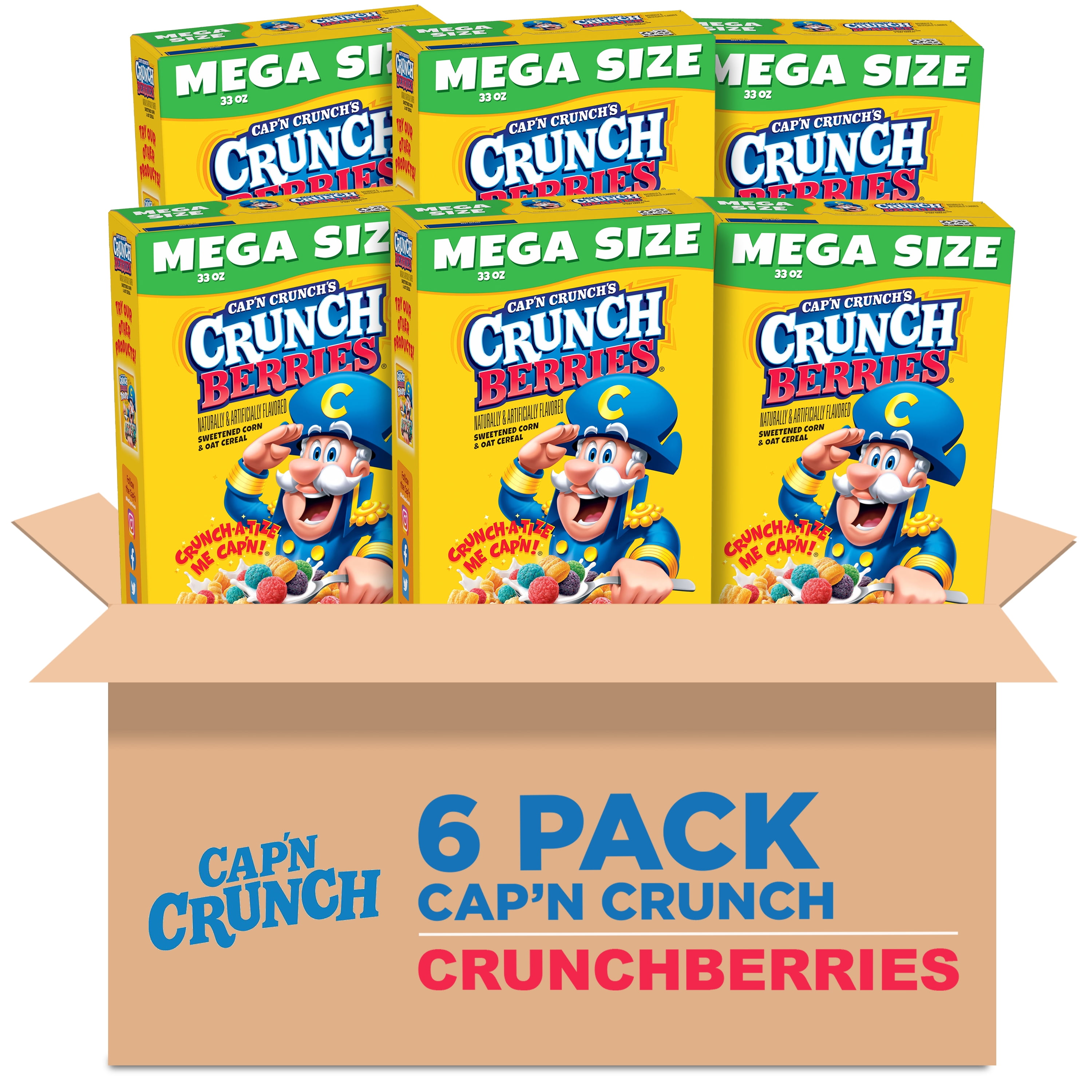 (6 pack) Cap'n Crunch Sweetened Corn & Oat Cereal Crunchy Berries Naturally & Artificially Flavored, 33 oz