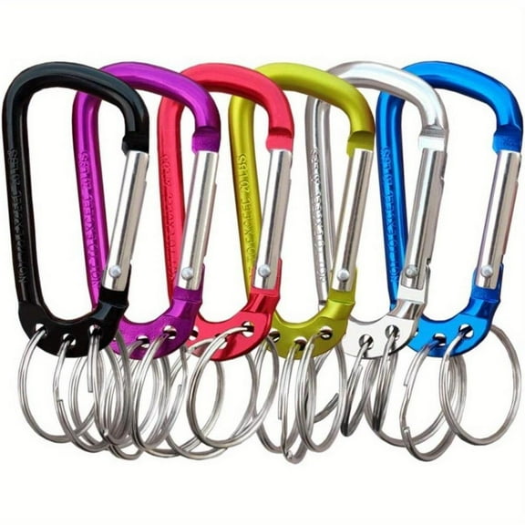 6 pack Carabiner Clip Keychain Aluminum Alloy D Shape Multifunction Clip Hook with 3 Key Rings