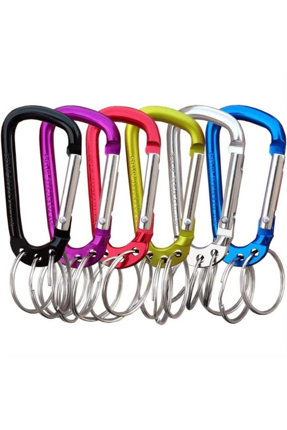 6 pack Carabiner Clip Keychain Aluminum Alloy D Shape Multifunction Clip Hook with 3 Key Rings