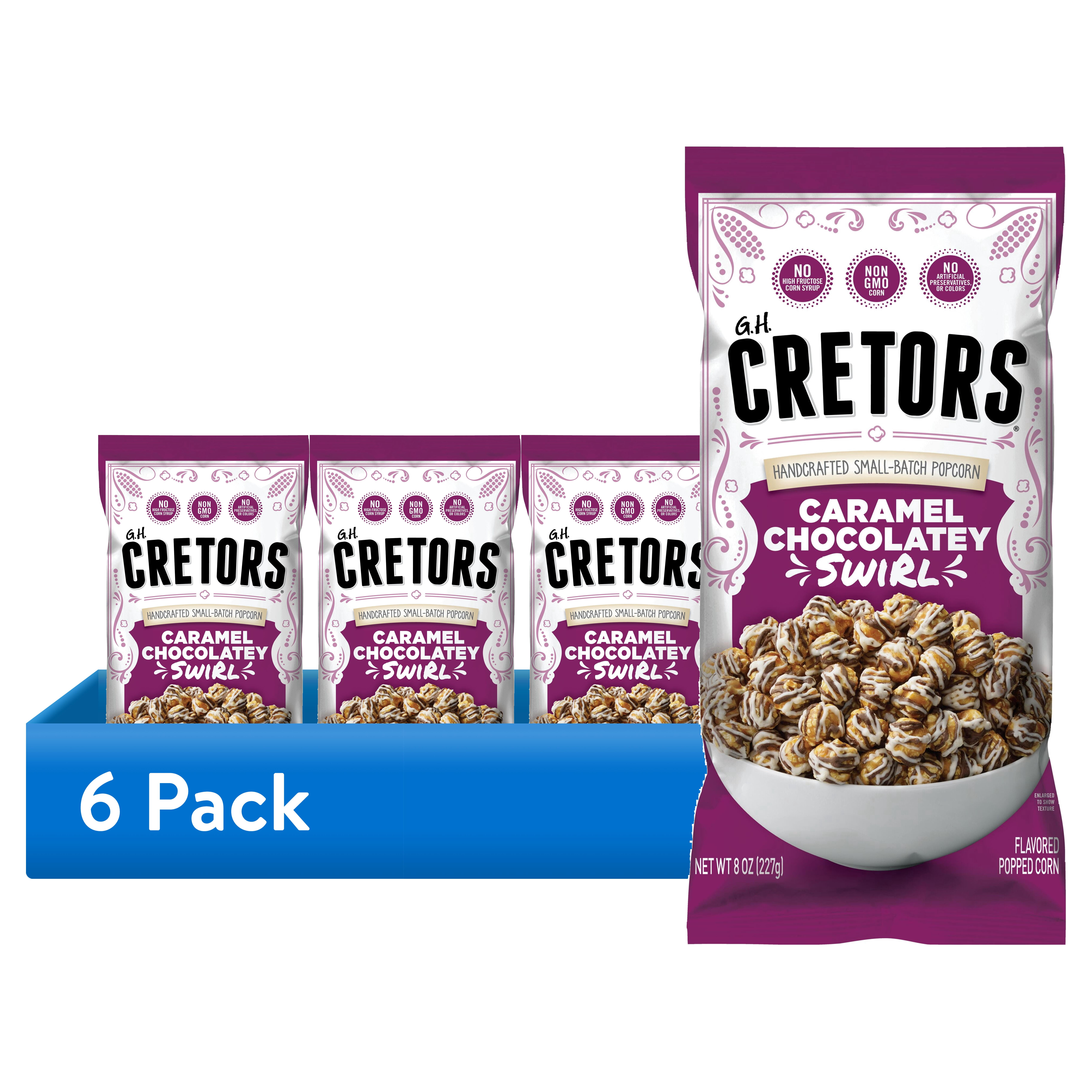 (6 pack) Caramel Chocolatey Swirl Flavored Popped Corn, 8 Ounces Bag.