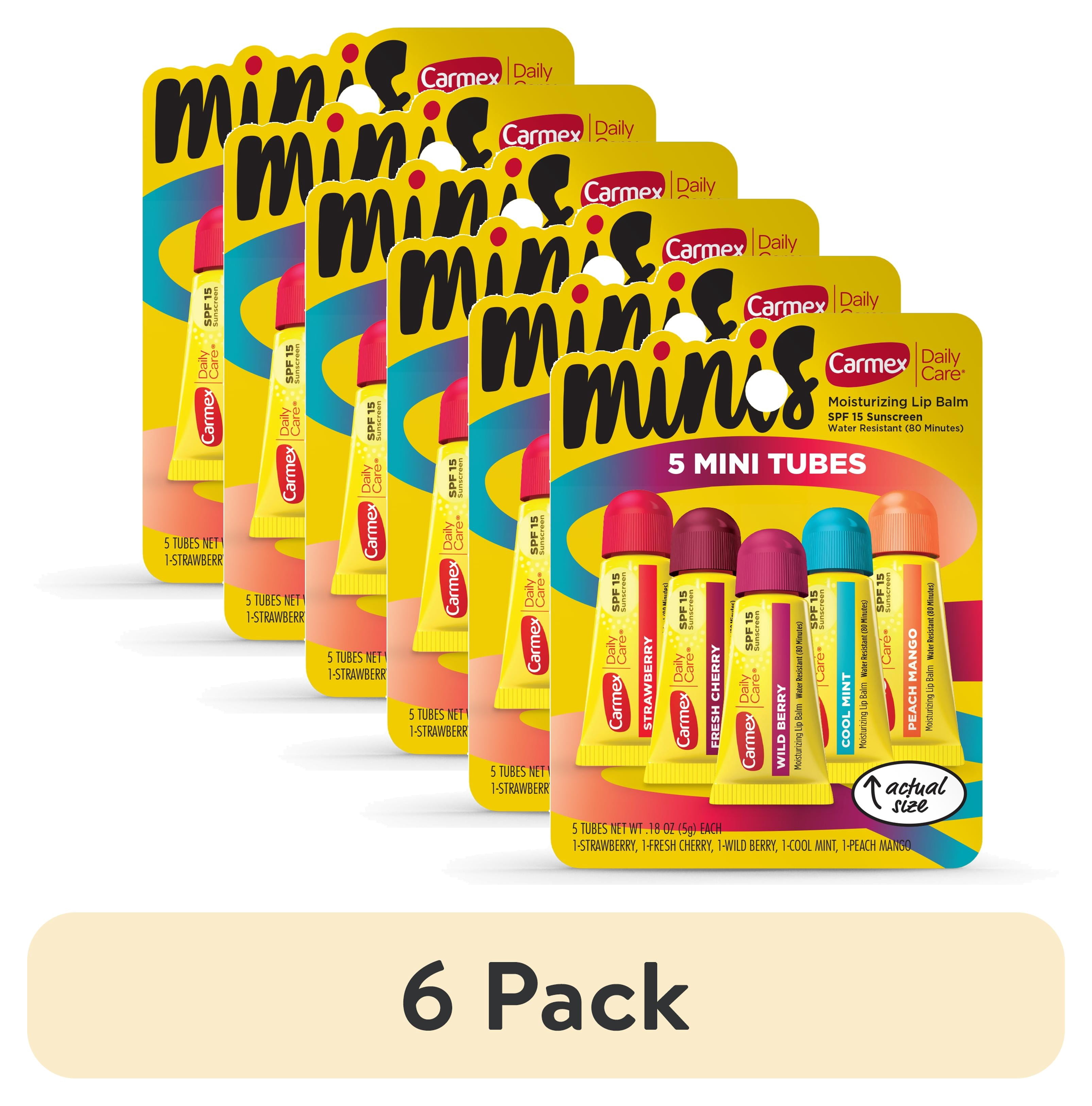 (6 pack) Carmex Daily Care Minis Moisturizing Lip Balm Tubes with SPF 15, Strawberry, Cool Mint, Wild Berry, Peach Mango and Fresh Cherry Lip Balm Pack - 0.18 0z Each, 5 Count
