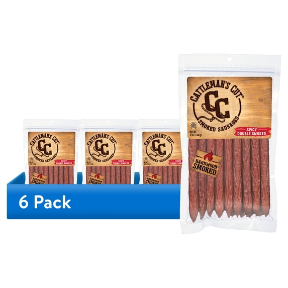 (6 pack) Cattleman's Cut Spicy Double Smoked Stick, Smoked Sausages, 12oz