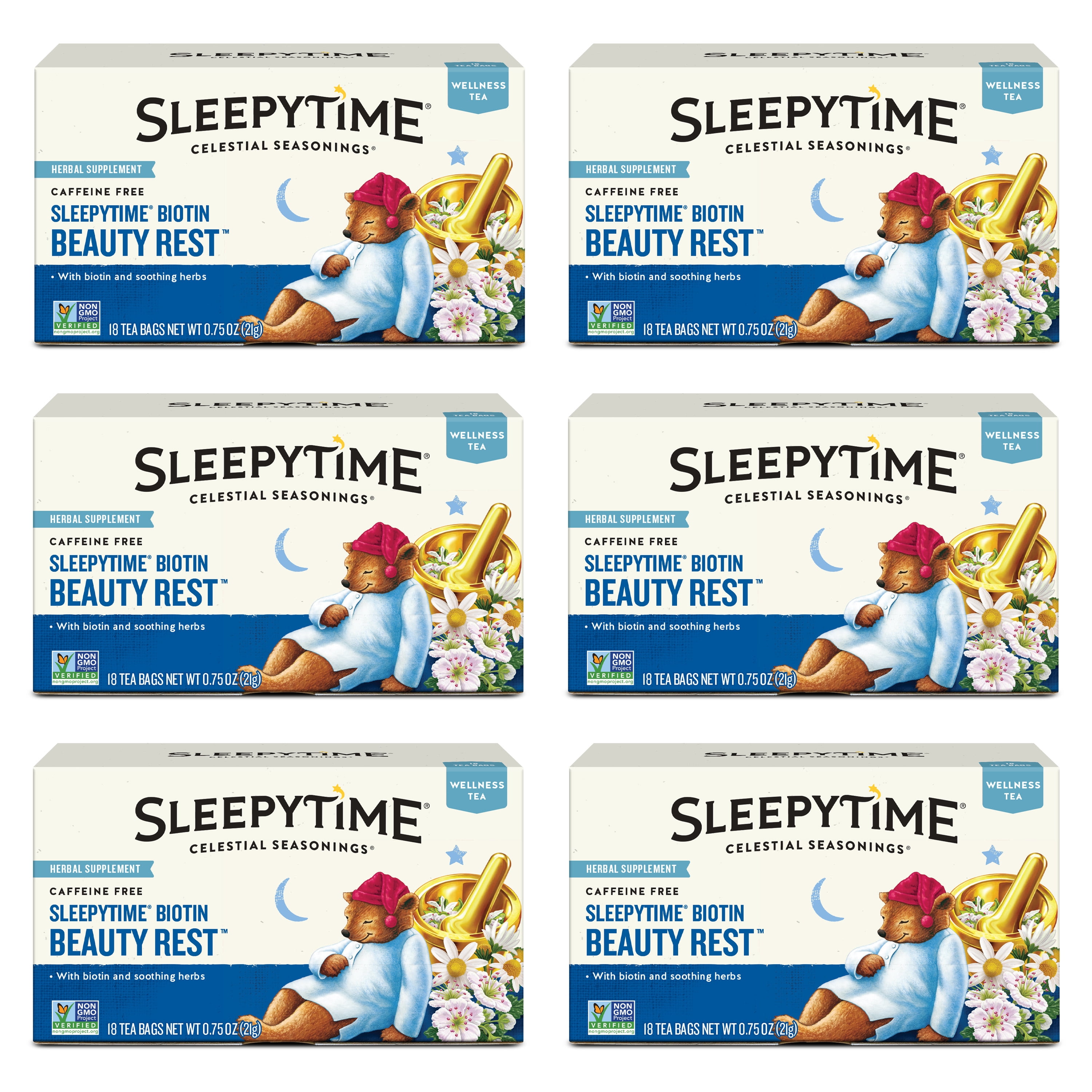 (6 pack) Celestial Seasonings Sleepytime Wellness Biotin Beauty Rest Herbal Tea Bags (18 Count)