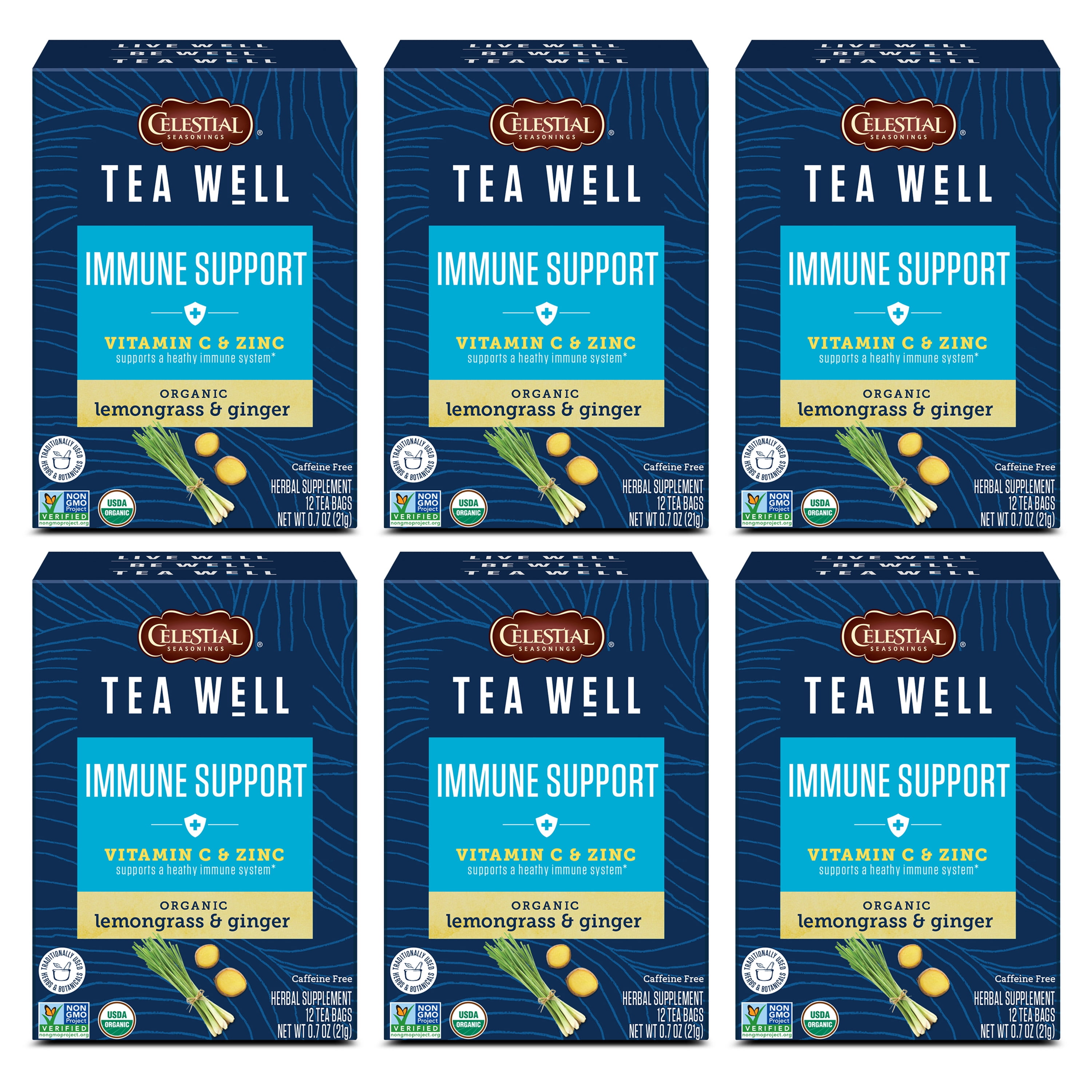 (6 pack) Celestial Seasonings TeaWell Immune Support Organic Lemon Ginger Wellness Herbal Tea Bags, 12 Count
