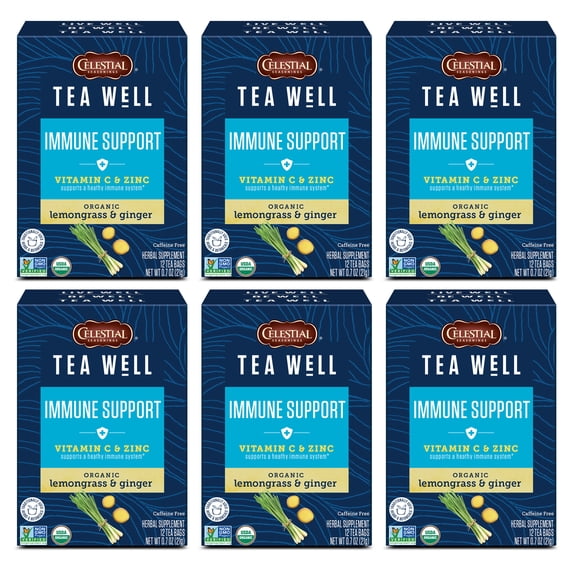 (6 pack) Celestial Seasonings TeaWell Immune Support Organic Lemon Ginger Wellness Herbal Tea Bags, 12 Count