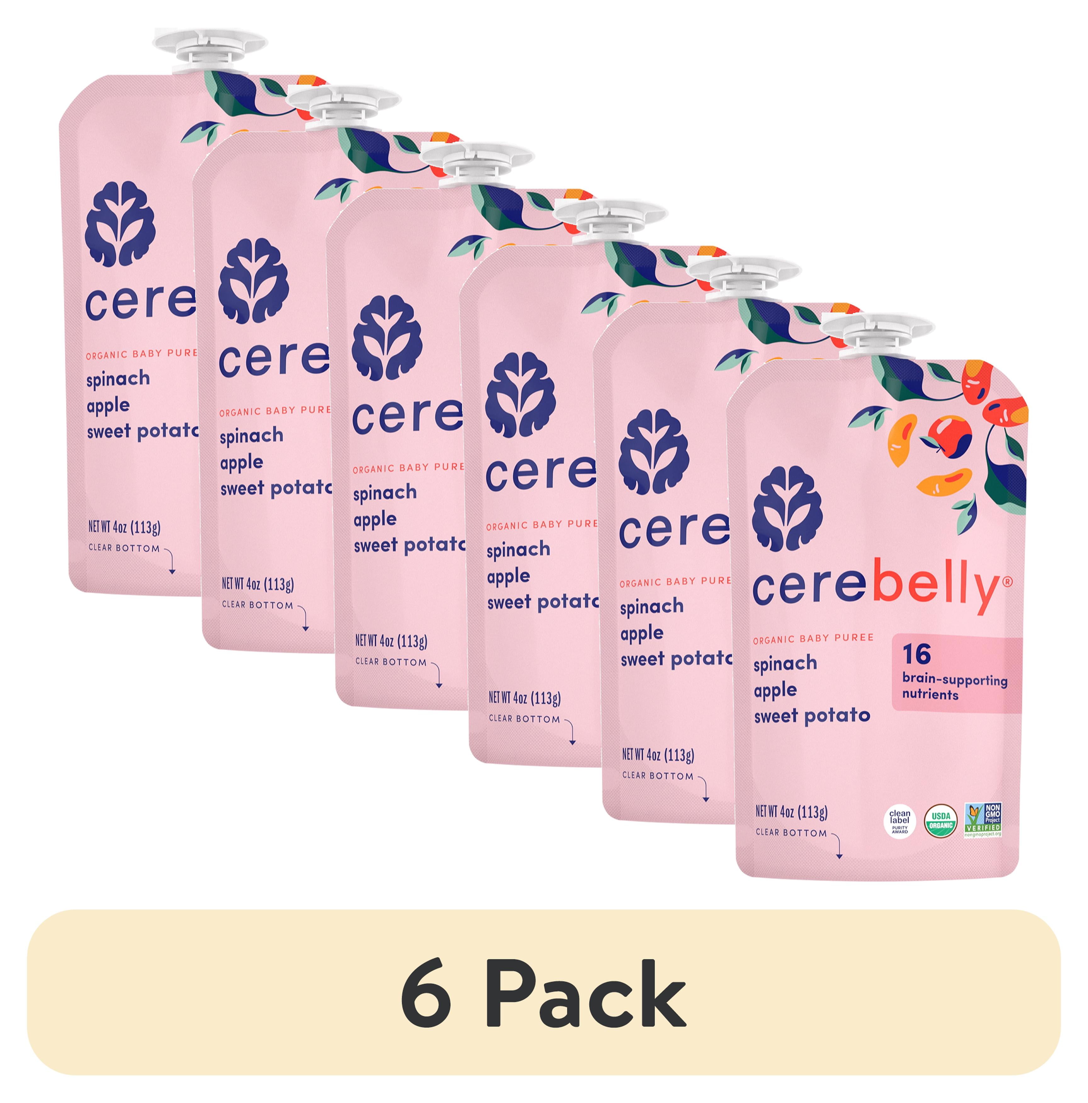 (6 pack) Cerebelly Organic Stage 2 Spinach Apple Sweet Potato Baby Food, 4 oz Puree