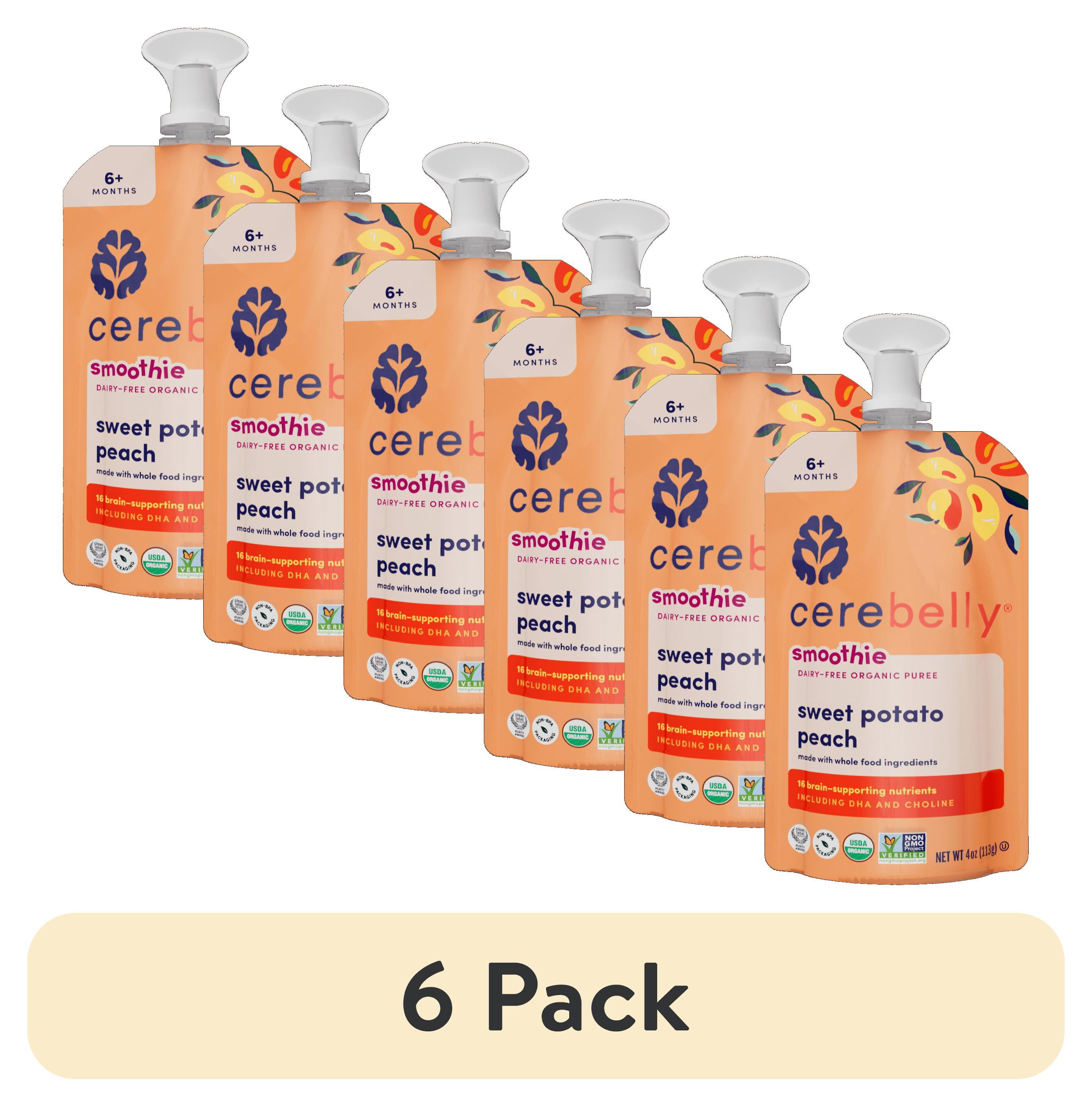 (6 pack) Cerebelly Organic Stage 2 Sweet Potato Peach Smoothie Baby Food, 4 oz Pouch