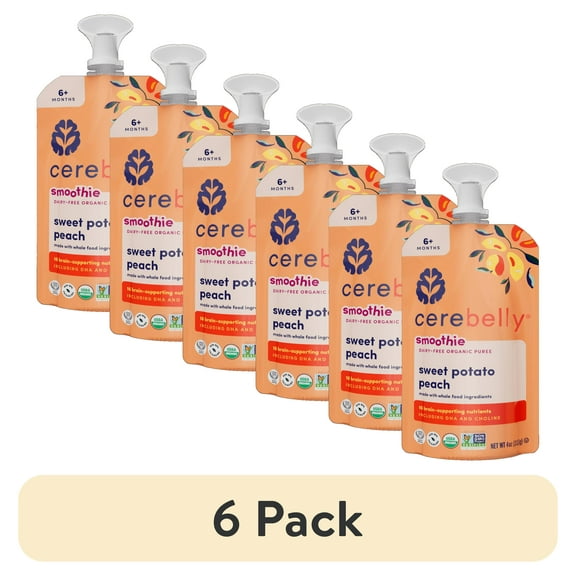 (6 pack) Cerebelly Organic Stage 2 Sweet Potato Peach Smoothie Baby Food, 4 oz Pouch