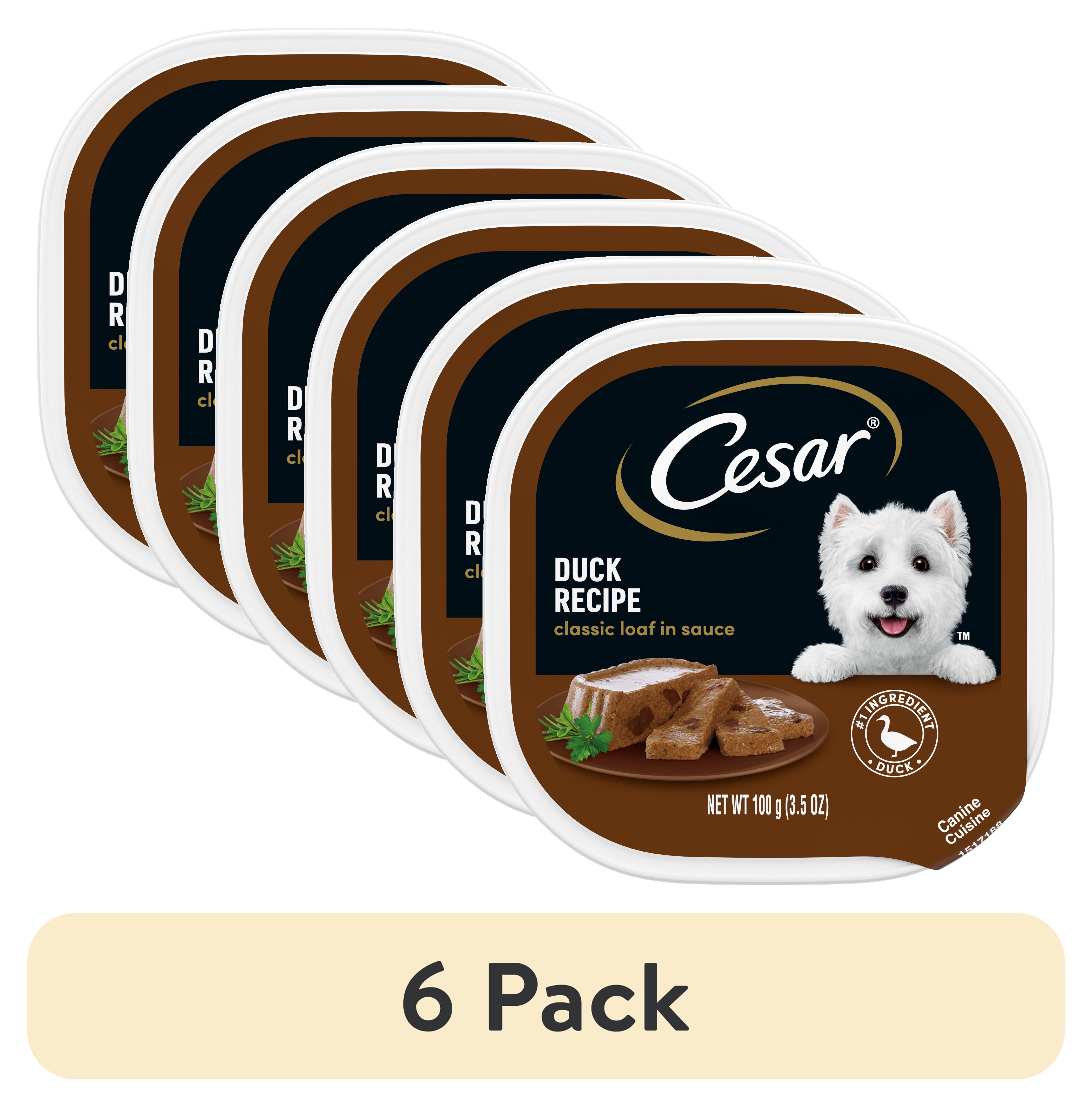 (6 pack) Cesar Classic Loaf in Sauce Wet Dog Food Duck Flavor, 3.5 oz. Easy Peel Trays, 24 Count