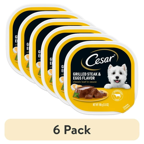 (6 pack) Cesar Classic Loaf In Sauce Grilled Steak & Eggs Dog Food, 3.5 Oz Easy Peel Tray