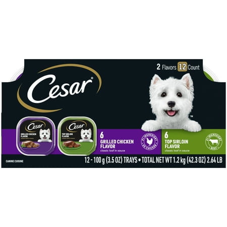 (6 pack) Cesar Loaf In Sauce Beef And Chicken Flavors Adult Wet Dog Food Variety Pack, 3.5 Oz Trays, 12 Ct.