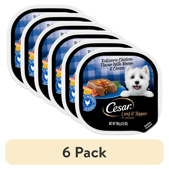 (6 pack) Cesar Loaf And Topper Rotisserie Chicken With Bacon And Cheese Wet Dog Food, 3.5 Oz Tray