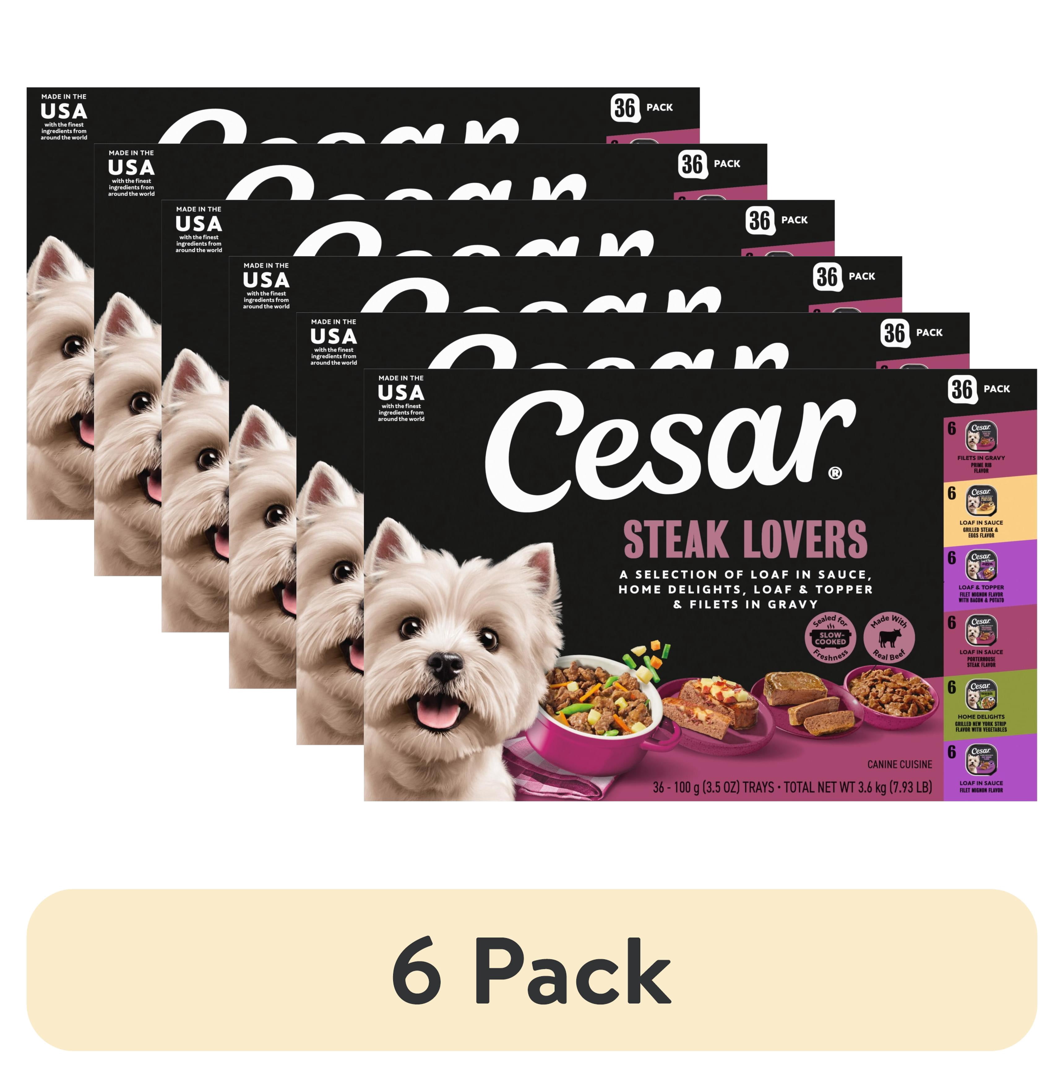(6 pack) Cesar Wet Dog Food Steak Lovers Variety Pack, Real Meat Wet Food for Dogs, 36 Count