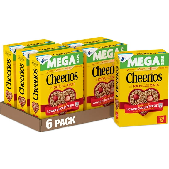 (6 pack) Cheerios Heart Healthy Cereal, Heart Shapes, Affirmations Box, Mega Size, 24 oz