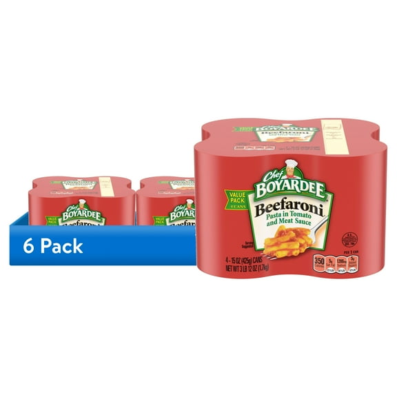 (6 pack) Chef Boyardee Beefaroni in Tomato and Meat Sauce, Ready-to-Eat Meal, 15 oz. Can (Pack of 4)