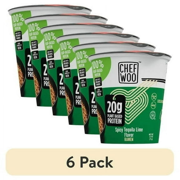 (6 pack) Chef WOO Spicy Tequila Lime Ramen, High Protein Noodles, 20g of Animal-free, Bioavailable Protein, 2.5 oz Cup