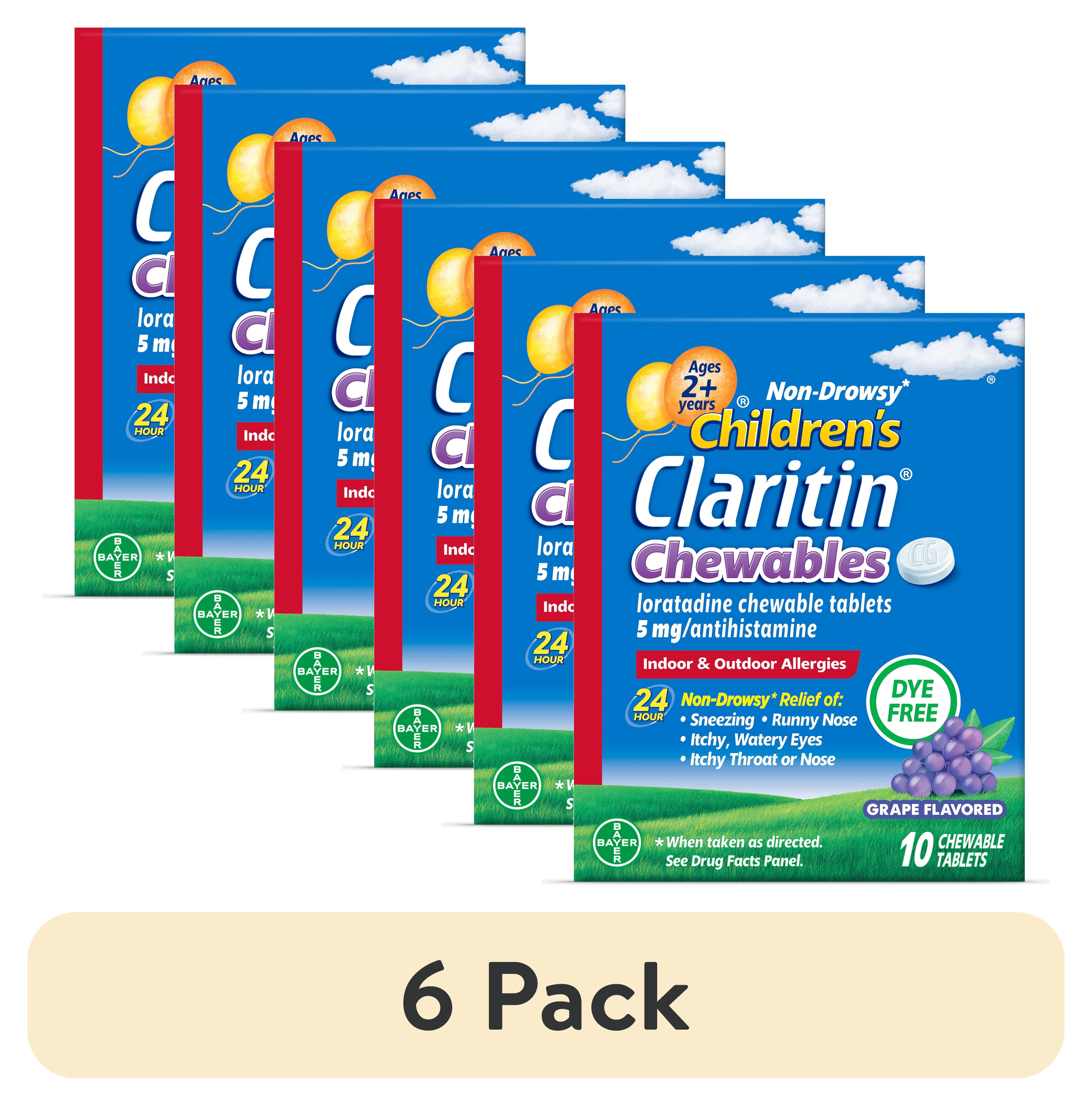 (6 pack) Children's Claritin 24 Hour Non-Drowsy Allergy Relief, Grape Chewable Tablets, Dye-free, 10 Count