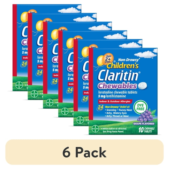 (6 pack) Children's Claritin 24 Hour Non-Drowsy Allergy Relief, Grape Chewable Tablets, Dye-free, 10 Count