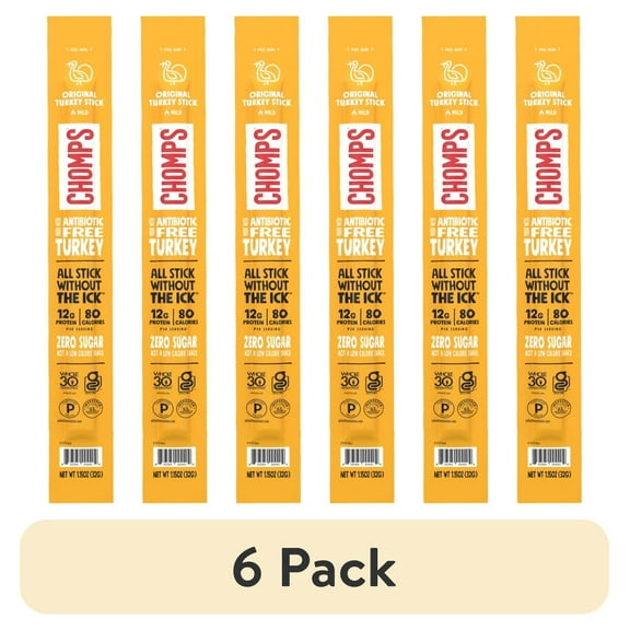 (6 pack) Chomps Original Turkey Jerky Meat Snack Stick, 1.15oz Stick