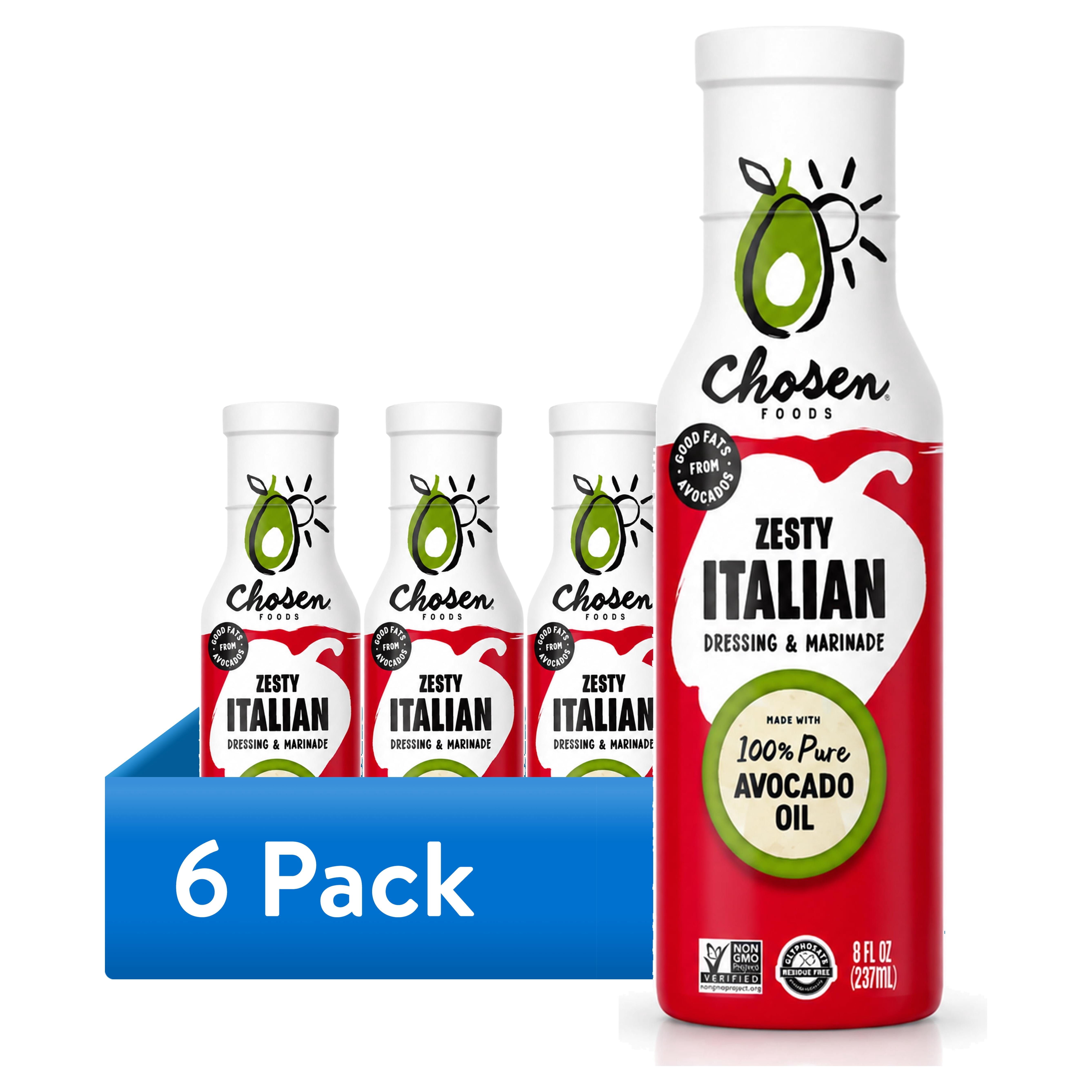 (6 pack) Chosen Foods Zesty Italian Dressing and Marinade made with 100% Pure Avocado Oil 8 fl Oz